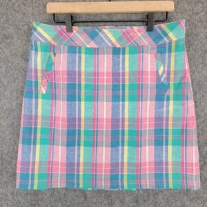 Talbots Skirt Womens 10 Madras Plaid Linen Blend Pockets Preppy Pastel